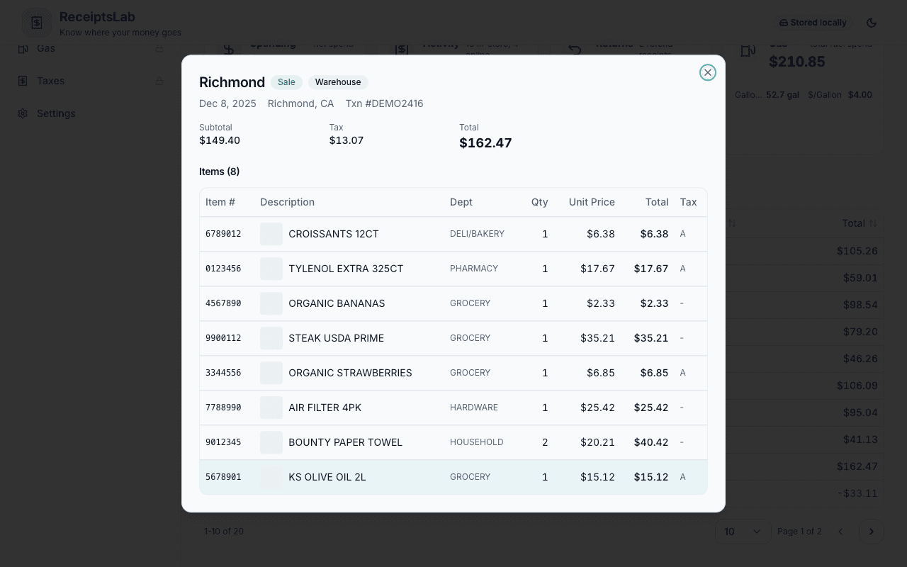 ReceiptsLab receipt detail view showing individual receipt items with department, quantity, price, and tax breakdown